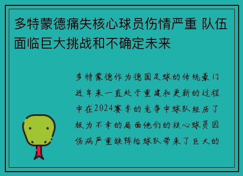 多特蒙德痛失核心球员伤情严重 队伍面临巨大挑战和不确定未来