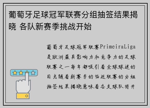 葡萄牙足球冠军联赛分组抽签结果揭晓 各队新赛季挑战开始