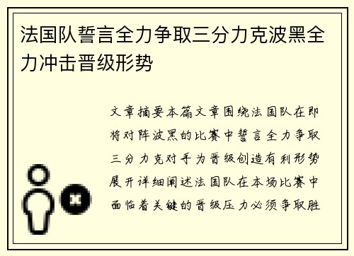 法国队誓言全力争取三分力克波黑全力冲击晋级形势