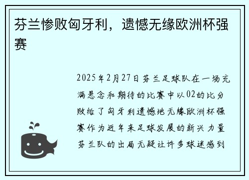 芬兰惨败匈牙利，遗憾无缘欧洲杯强赛